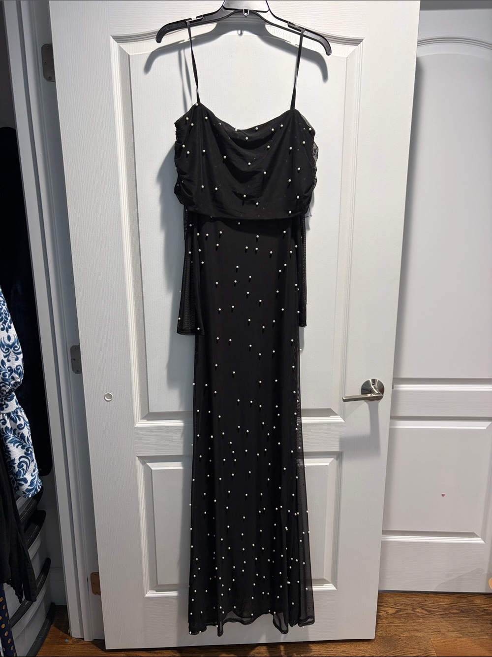 Black Pearl-Embellished off the shoulder Dress
